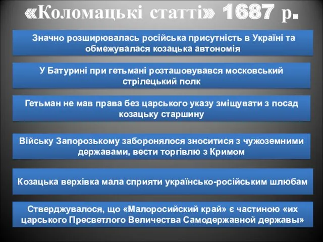 «Коломацькі статті» 1687 р. Значно розширювалась російська присутність в Україні