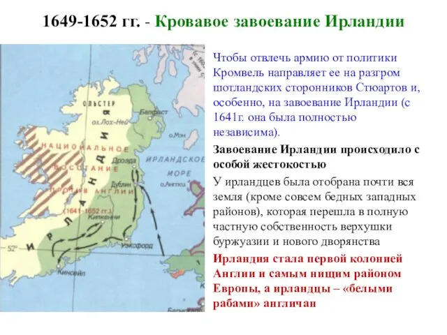 1649-1652 гг. - Кровавое завоевание Ирландии Чтобы отвлечь армию от политики Кромвель направляет