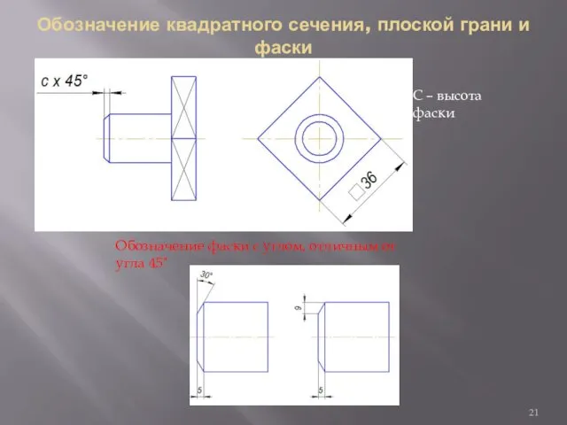 Обозначение квадратного сечения, плоской грани и фаски С – высота