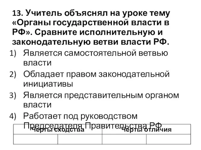 13. Учитель объяснял на уроке тему «Органы государственной власти в