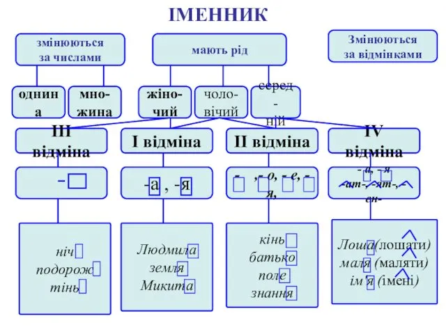 ІМЕННИК змінюються за числами Змінюються за відмінками мають рід однина