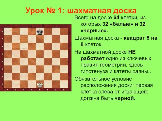 Урок № 1: шахматная доска Всего на доске 64 клетки,