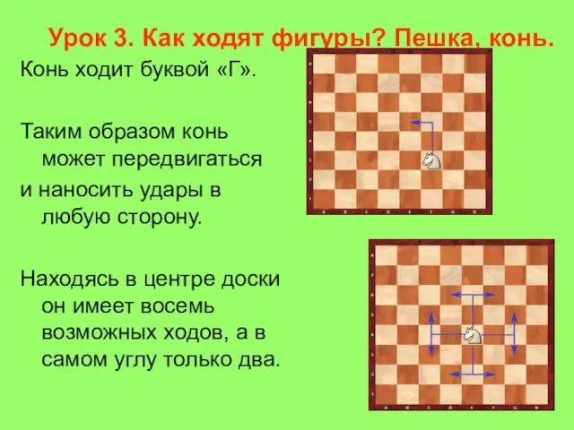 Урок 3. Как ходят фигуры? Пешка, конь. Конь ходит буквой