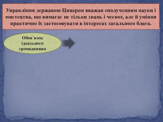 Управління державою Цицерон вважав сполученням науки і мистецтва, що вимагає