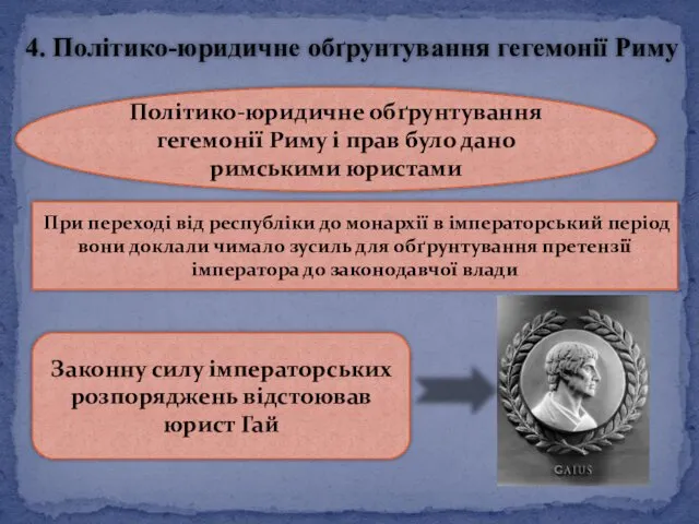 Політико-юридичне обґрунтування гегемонії Риму і прав було дано римськими юристами