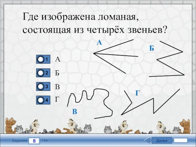 Далее 8 Задание 1 бал. Где изображена ломаная, состоящая из