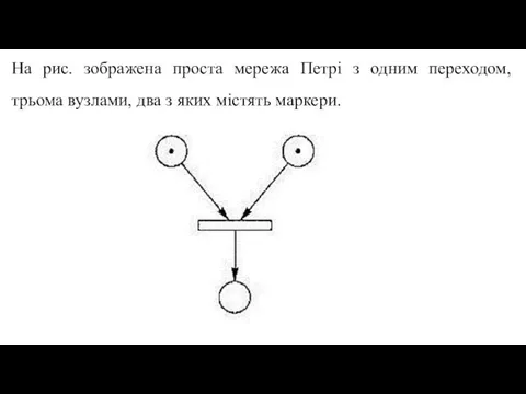 На рис. зображена проста мережа Петрі з одним переходом, трьома вузлами, два з яких містять маркери.