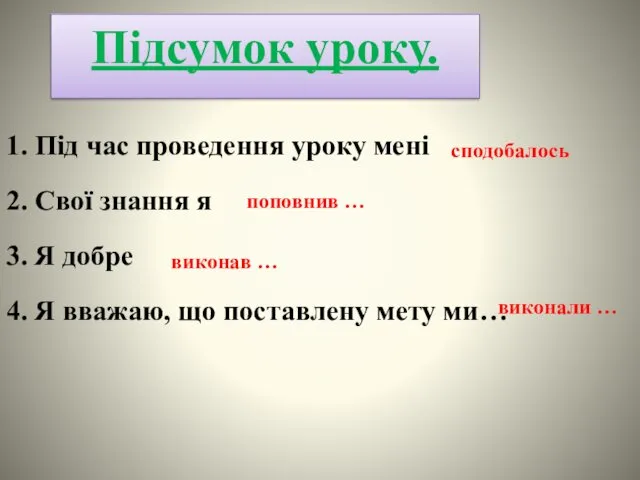 Підсумок уроку. 1. Під час проведення уроку мені сподобалось 2.