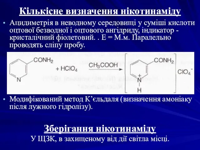 Кількісне визначення нікотинаміду Ацидиметрія в неводному середовищі у суміші кислоти
