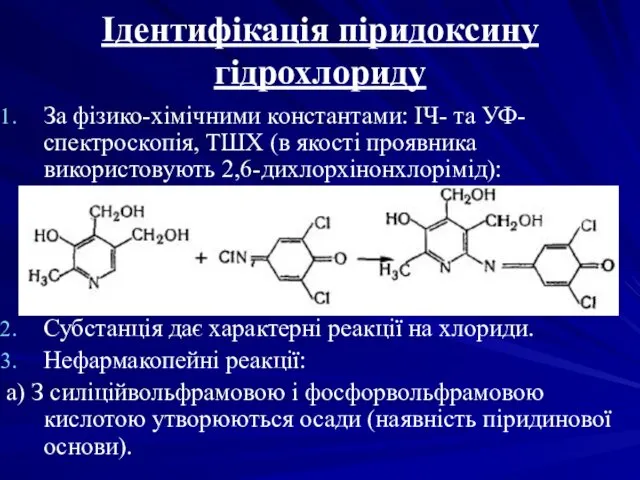 Ідентифікація піридоксину гідрохлориду За фізико-хімічними константами: ІЧ- та УФ-спектроскопія, ТШХ (в якості проявника