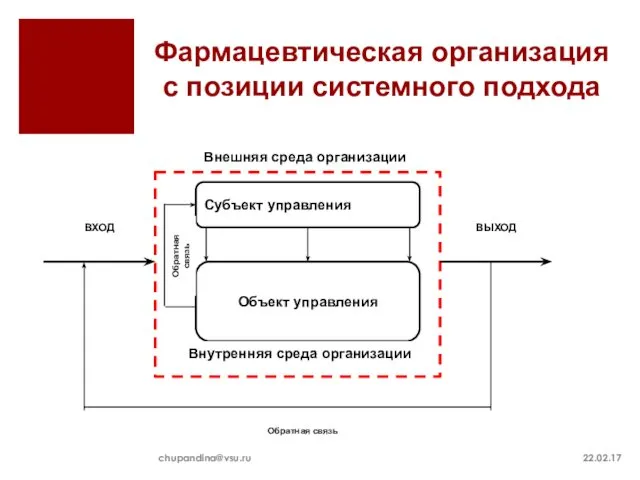 Фармацевтическая организация с позиции системного подхода 22.02.17 chupandina@vsu.ru Субъект управления