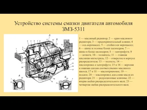 Устройство системы смазки двигателя автомобиля ЗМЗ-5311 1 — масляный радиатор;