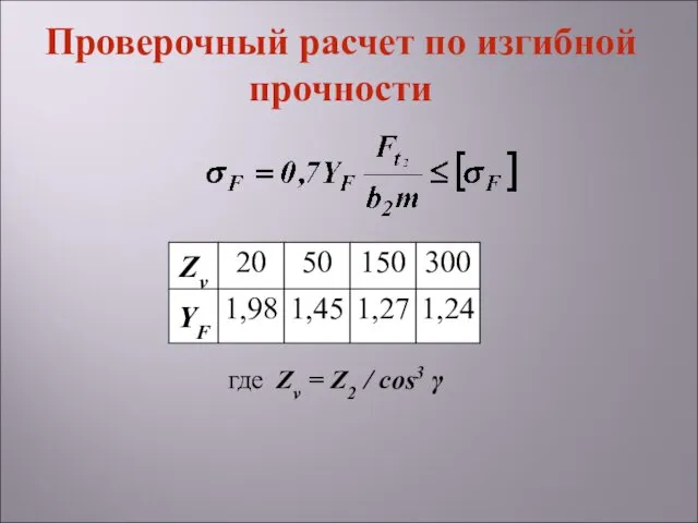 где Zv = Z2 / cos3 γ Проверочный расчет по изгибной прочности