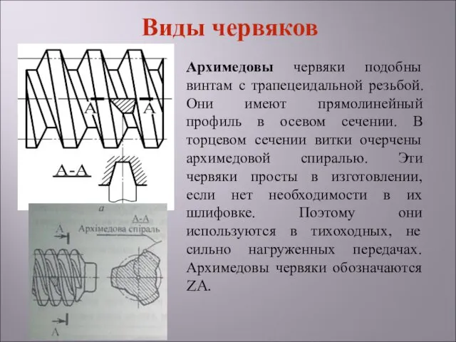 Архимедовы червяки подобны винтам с трапецеидальной резьбой. Они имеют прямолинейный