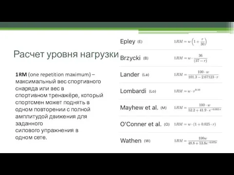 Расчет уровня нагрузки 1RM (one repetition maximum) – максимальный вес