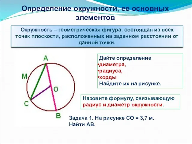 Окружность – геометрическая фигура, состоящая из всех точек плоскости, расположенных