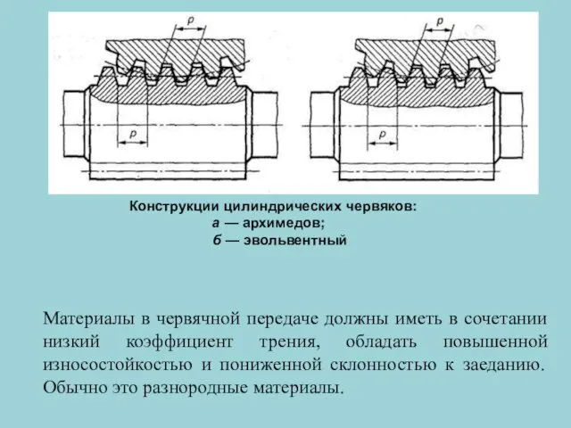 Материалы в червячной передаче должны иметь в сочетании низкий коэффициент