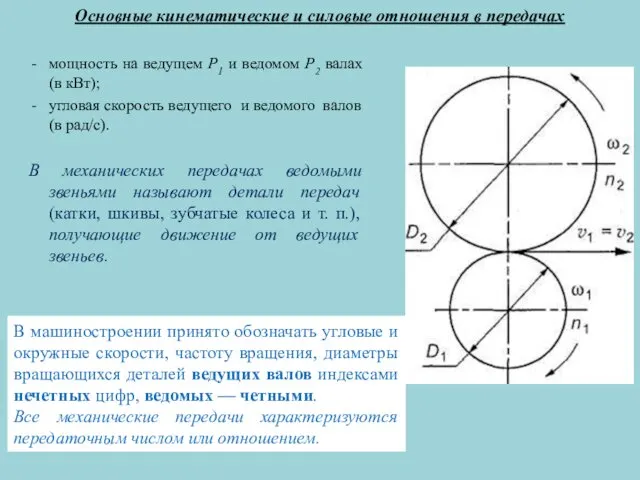 Основные кинематические и силовые отношения в передачах мощность на ведущем