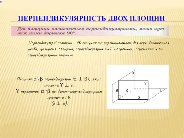 ПЕРПЕНДИКУЛЯРНІСТЬ ДВОХ ПЛОЩИН Перпендикулярні площини – дві площини що перетинаються,