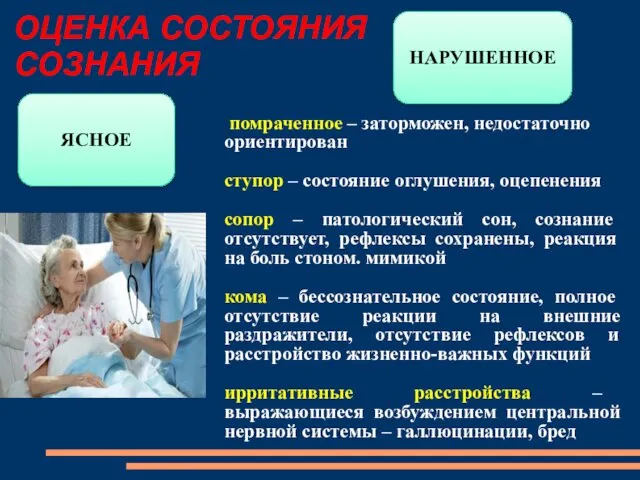 ОЦЕНКА СОСТОЯНИЯ СОЗНАНИЯ помраченное – заторможен, недостаточно ориентирован ступор –