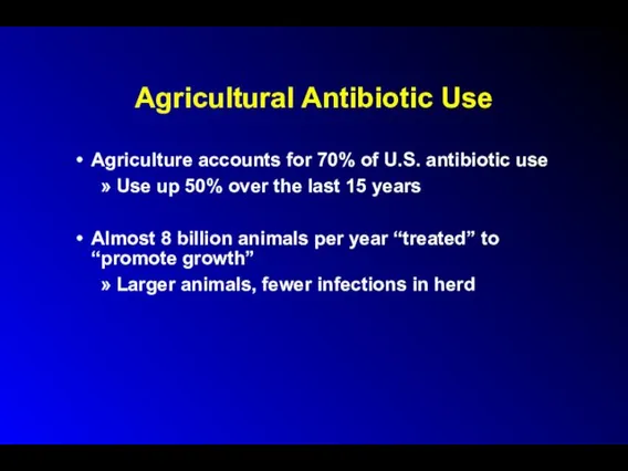 Agricultural Antibiotic Use Agriculture accounts for 70% of U.S. antibiotic