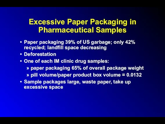 Excessive Paper Packaging in Pharmaceutical Samples Paper packaging 39% of