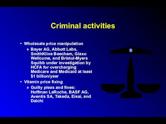 Criminal activities Wholesale price manipulation Bayer AG, Abbott Labs, SmithKline
