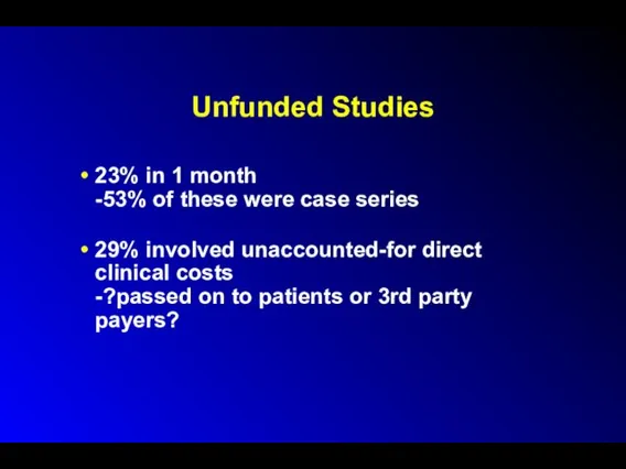 Unfunded Studies 23% in 1 month -53% of these were