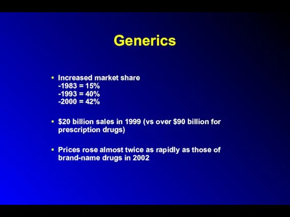 Generics Increased market share -1983 = 15% -1993 = 40%