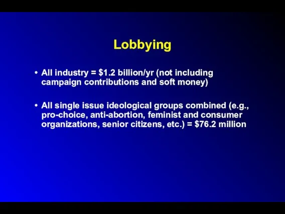 Lobbying All industry = $1.2 billion/yr (not including campaign contributions