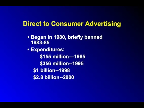 Direct to Consumer Advertising Began in 1980, briefly banned 1983-85