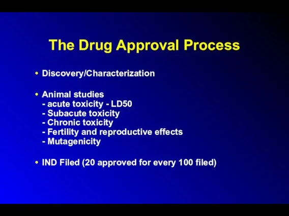 The Drug Approval Process Discovery/Characterization Animal studies - acute toxicity