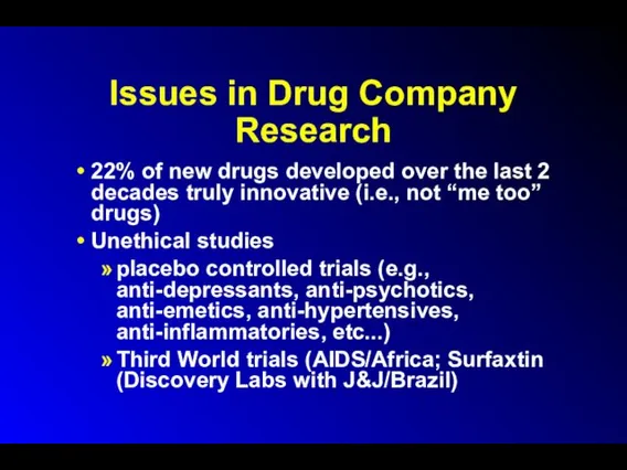 Issues in Drug Company Research 22% of new drugs developed