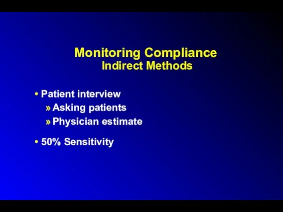 Monitoring Compliance Indirect Methods Patient interview Asking patients Physician estimate 50% Sensitivity