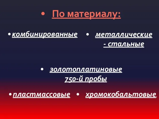 комбинированные По материалу: металлические - стальные хромокобальтовые, золотоплатиновые 750-й пробы пластмассовые