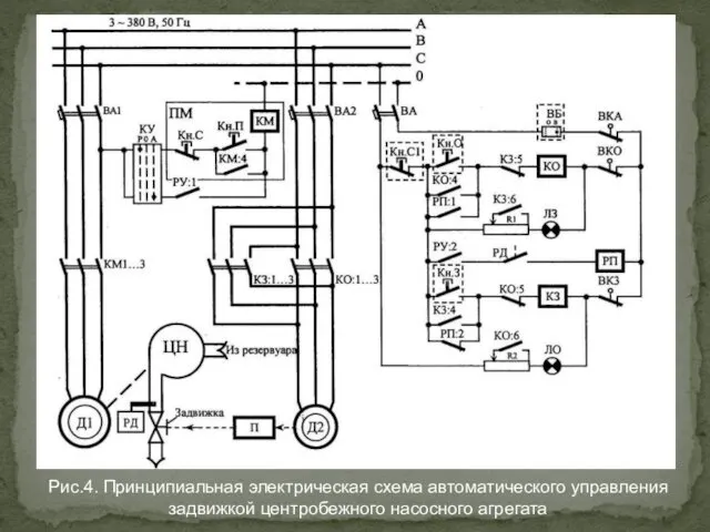 Рис.4. Принципиальная электрическая схема автоматического управления задвижкой центробежного насосного агрегата