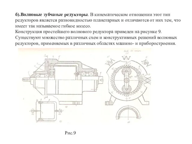 Рис.9 б).Волновые зубчатые редукторы. В кинематическом отношении этот тип редукторов