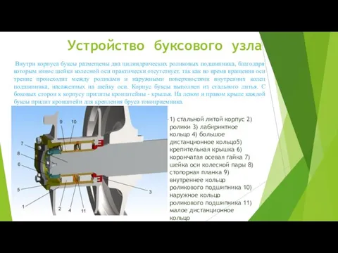 Устройство буксового узла Внутри корпуса буксы размещены два цилиндрических роликовых