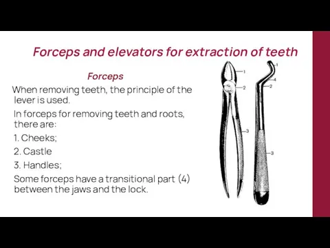 Forceps and elevators for extraction of teeth Forceps When removing