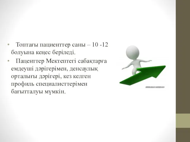 Топтағы пациенттер саны – 10 -12 болуына кеңес беріледі. Паценттер