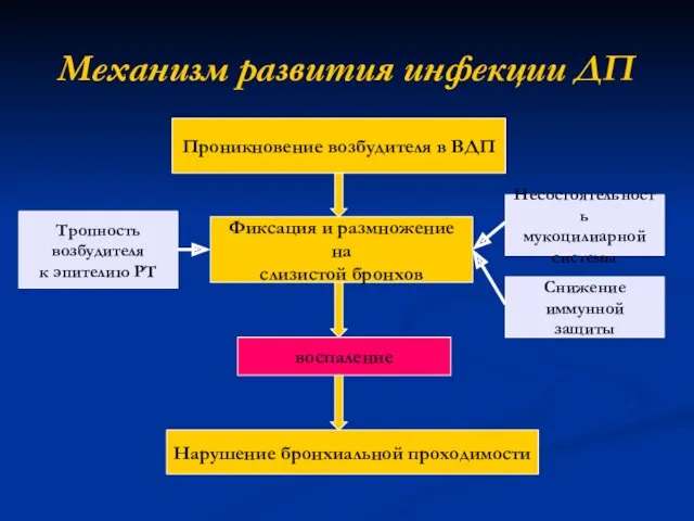 Механизм развития инфекции ДП Проникновение возбудителя в ВДП Фиксация и