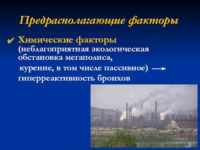 Предрасполагающие факторы Химические факторы (неблагоприятная экологическая обстановка мегаполиса, курение, в том числе пассивное) гиперреактивность бронхов
