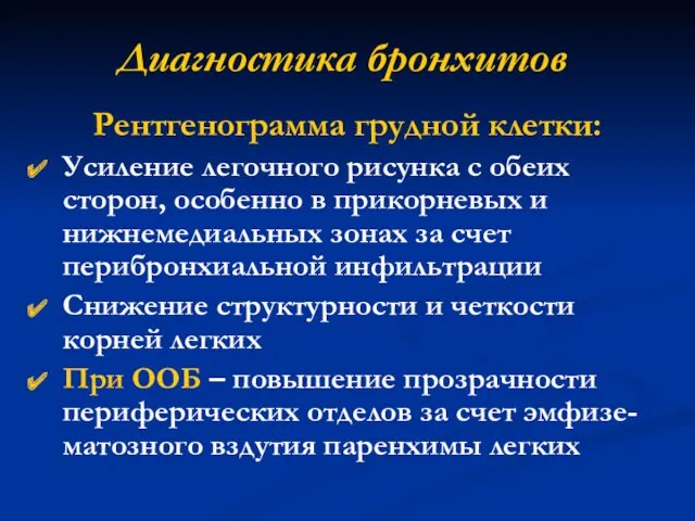 Диагностика бронхитов Рентгенограмма грудной клетки: Усиление легочного рисунка с обеих