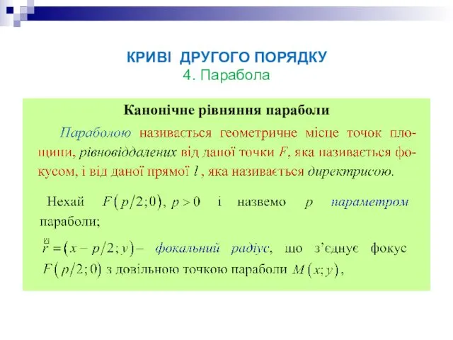 КРИВІ ДРУГОГО ПОРЯДКУ 4. Парабола Канонічне рівняння параболи