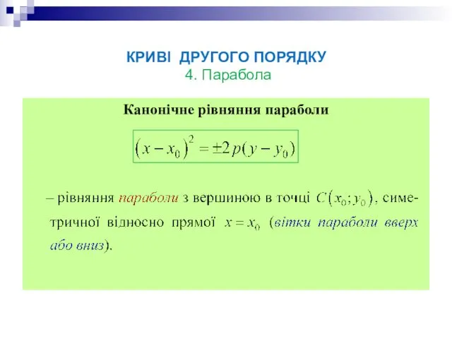 КРИВІ ДРУГОГО ПОРЯДКУ 4. Парабола Канонічне рівняння параболи