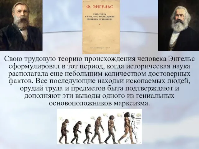 Свою трудовую теорию происхождения человека Энгельс сформулировал в тот период,