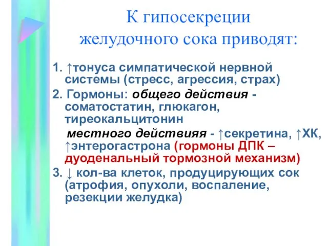 К гипосекреции желудочного сока приводят: 1. ↑тонуса симпатической нервной системы (стресс, агрессия, страх)