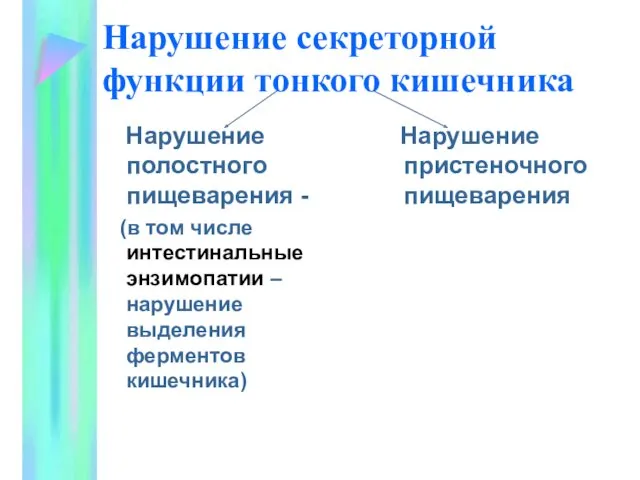 Нарушение секреторной функции тонкого кишечника Нарушение полостного пищеварения - (в том числе интестинальные