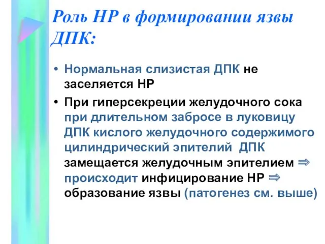 Роль НР в формировании язвы ДПК: Нормальная слизистая ДПК не заселяется НР При