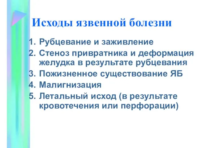 Исходы язвенной болезни Рубцевание и заживление Стеноз привратника и деформация желудка в результате